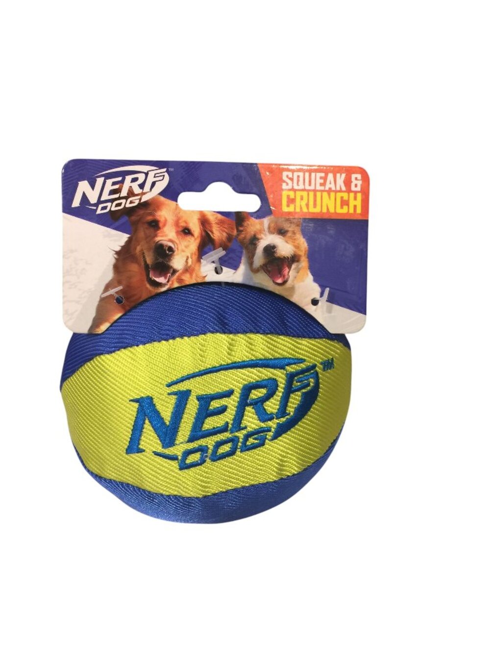 Nerf Dog Squeaker Crunch Canvas Striped 4 1/2" Ball Dog Toy Yellow Blue